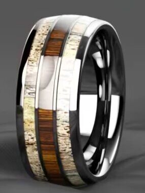 Men’s Stainless-Steel Ring Inlaid Aged Oak & Birch High Gloss Resin Finish